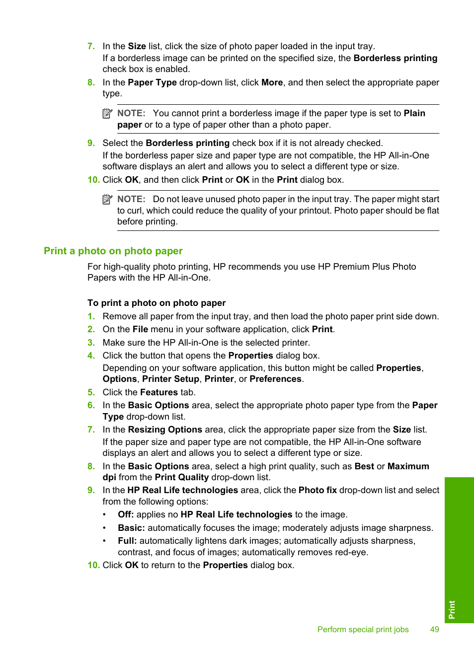 Print a photo on photo paper | HP Photosmart C4380 All-in-One Printer User Manual | Page 50 / 179