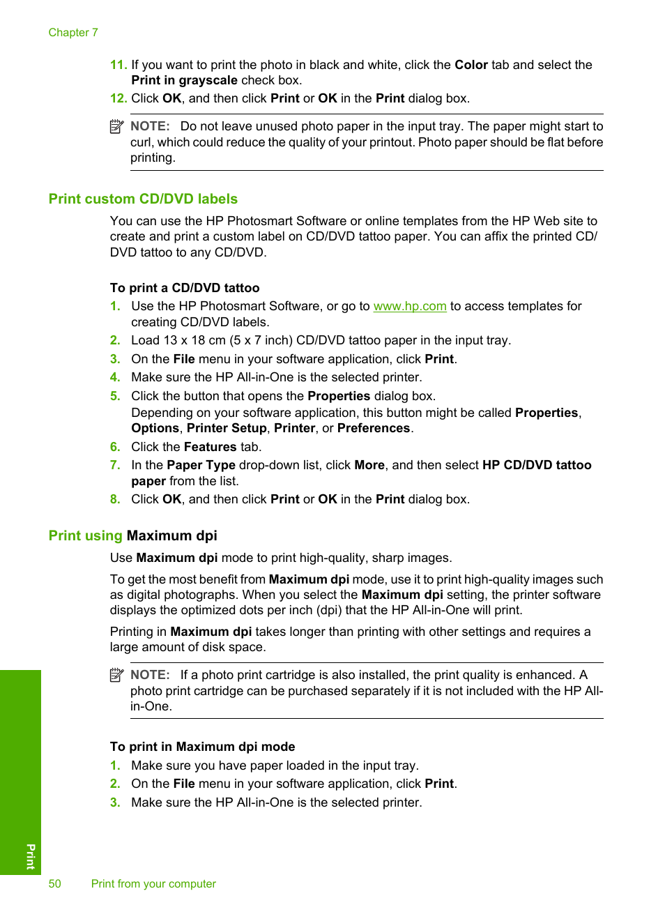 Print custom cd/dvd labels, Print using maximum dpi | HP Photosmart C4380 All-in-One Printer User Manual | Page 51 / 179