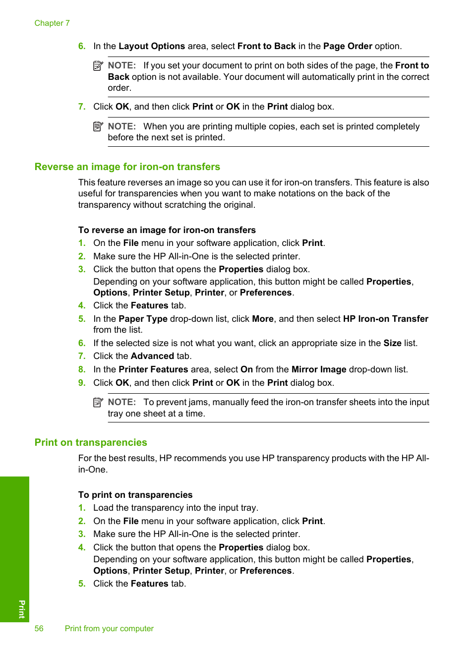 Reverse an image for iron-on transfers, Print on transparencies | HP Photosmart C4380 All-in-One Printer User Manual | Page 57 / 179
