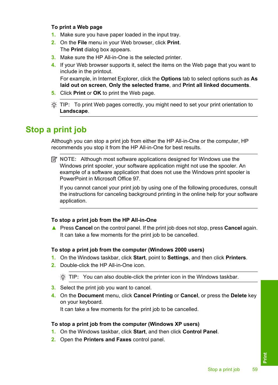 Stop a print job | HP Photosmart C4380 All-in-One Printer User Manual | Page 60 / 179