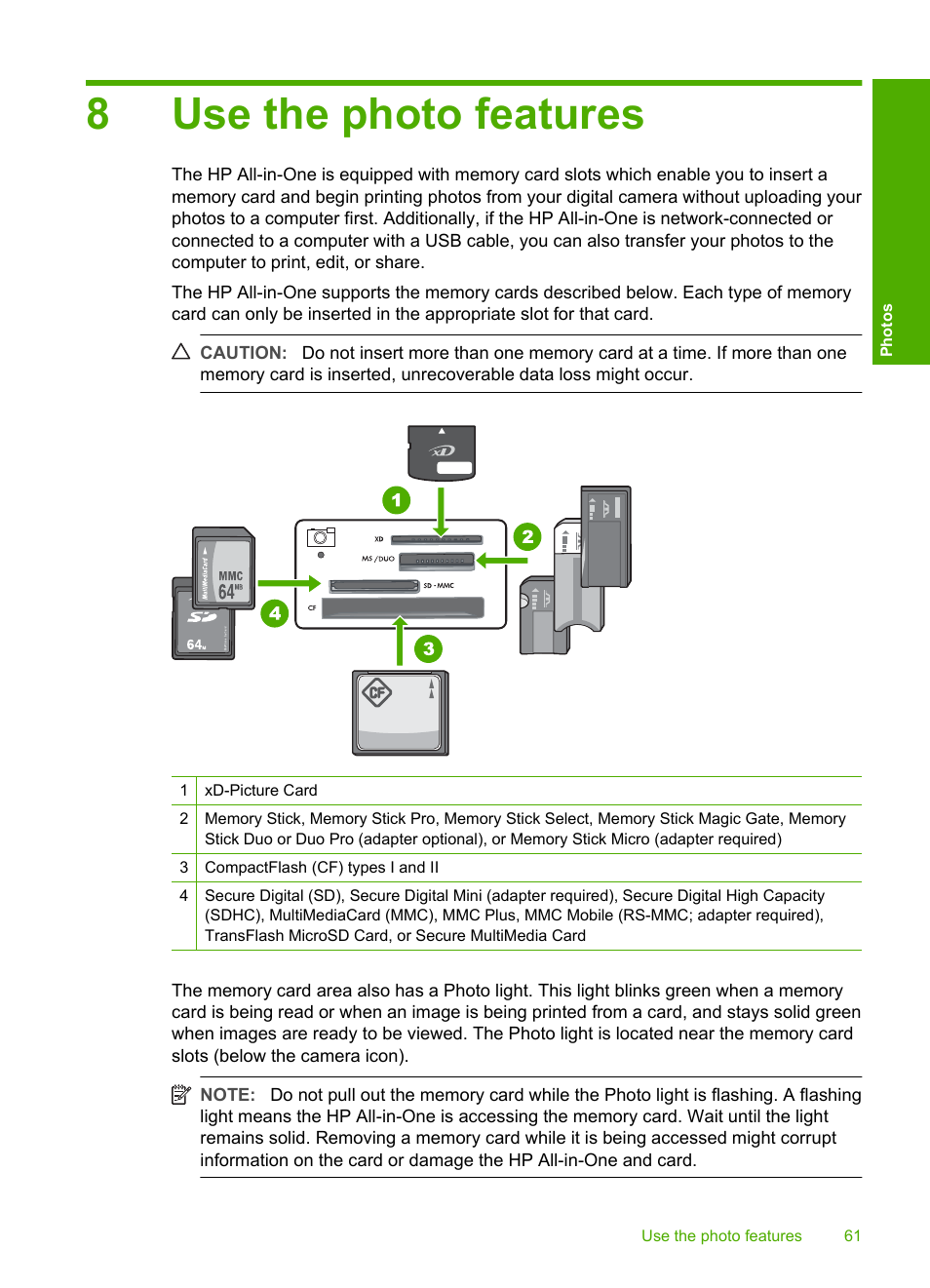 Use the photo features, 8 use the photo features, 8use the photo features | HP Photosmart C4380 All-in-One Printer User Manual | Page 62 / 179