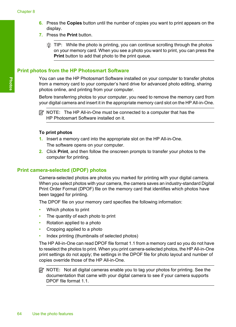 Print photos from the hp photosmart software, Print camera-selected (dpof) photos | HP Photosmart C4380 All-in-One Printer User Manual | Page 65 / 179