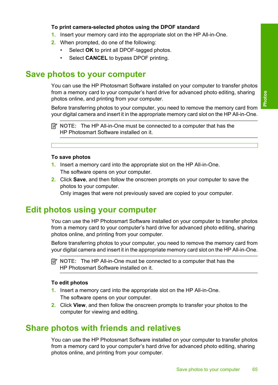 Save photos to your computer, Edit photos using your computer, Share photos with friends and relatives | HP Photosmart C4380 All-in-One Printer User Manual | Page 66 / 179