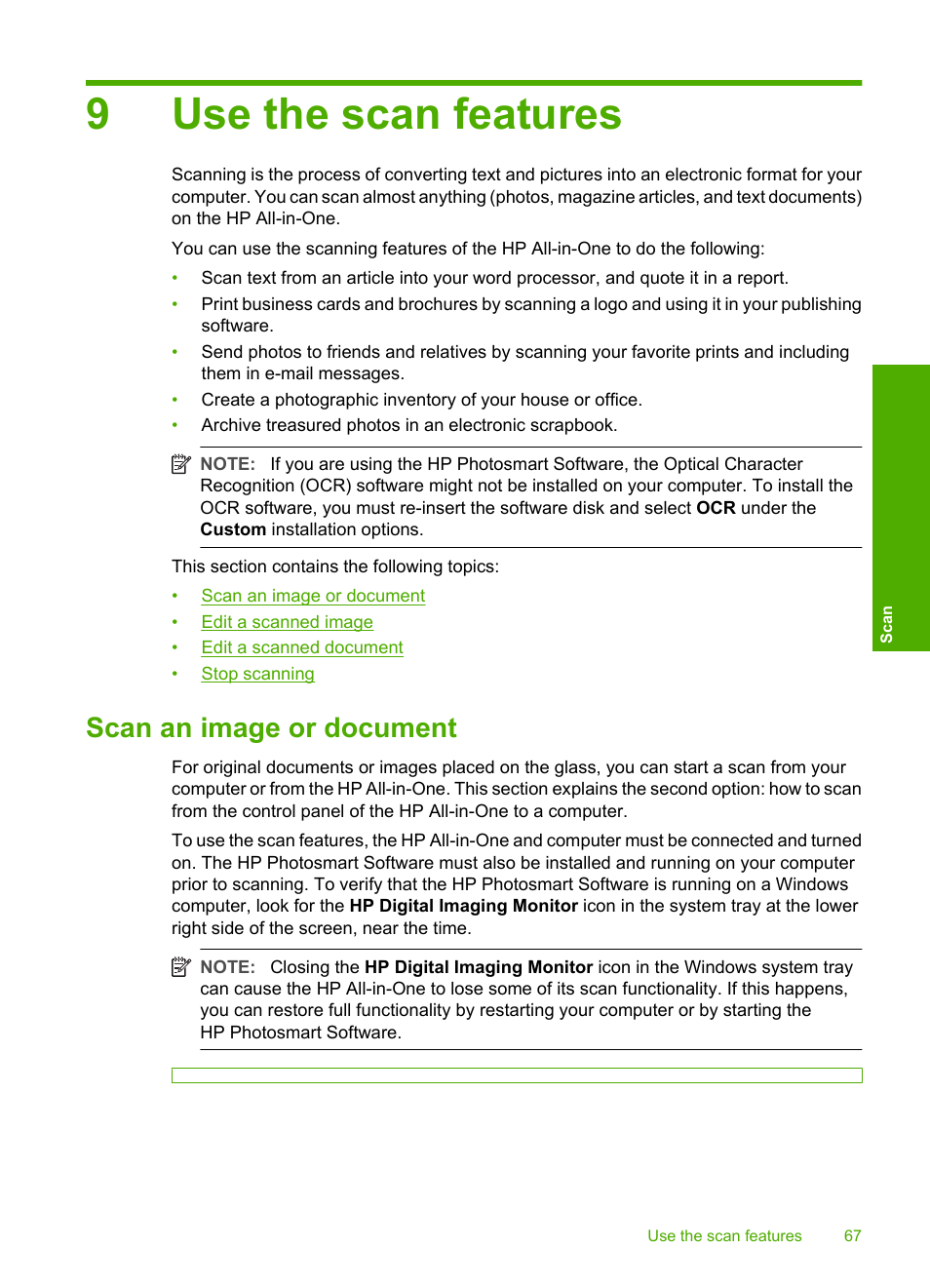 Use the scan features, Scan an image or document, 9 use the scan features | 9use the scan features | HP Photosmart C4380 All-in-One Printer User Manual | Page 68 / 179