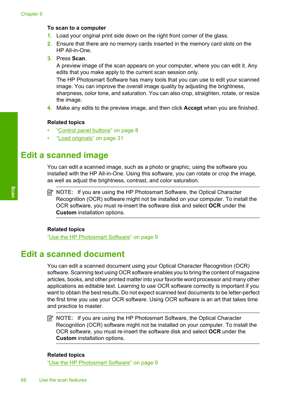 Edit a scanned image, Edit a scanned document, Edit a scanned image edit a scanned document | HP Photosmart C4380 All-in-One Printer User Manual | Page 69 / 179