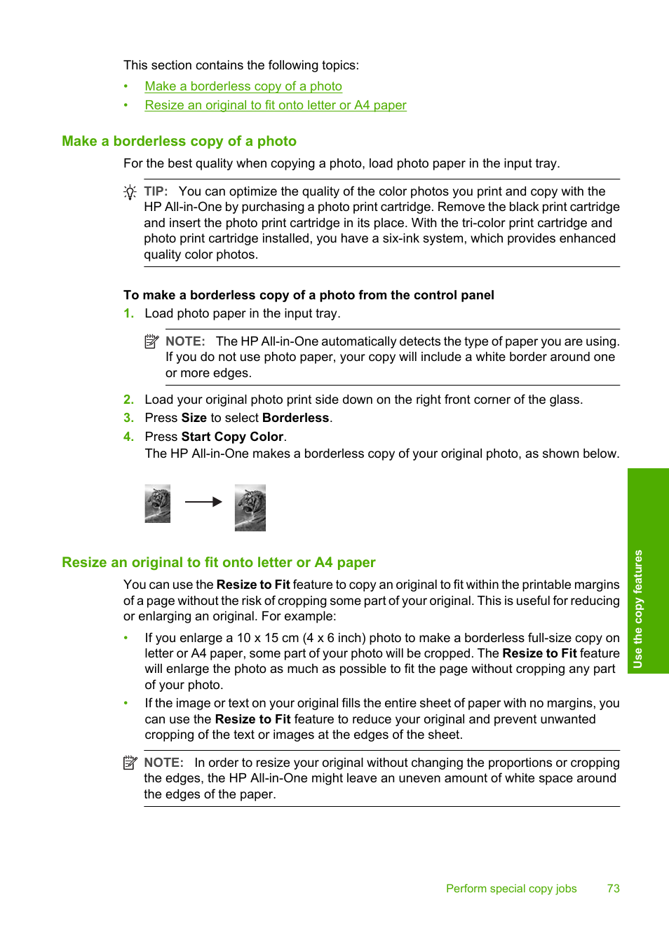 Make a borderless copy of a photo, Resize an original to fit onto letter or a4 paper | HP Photosmart C4380 All-in-One Printer User Manual | Page 74 / 179