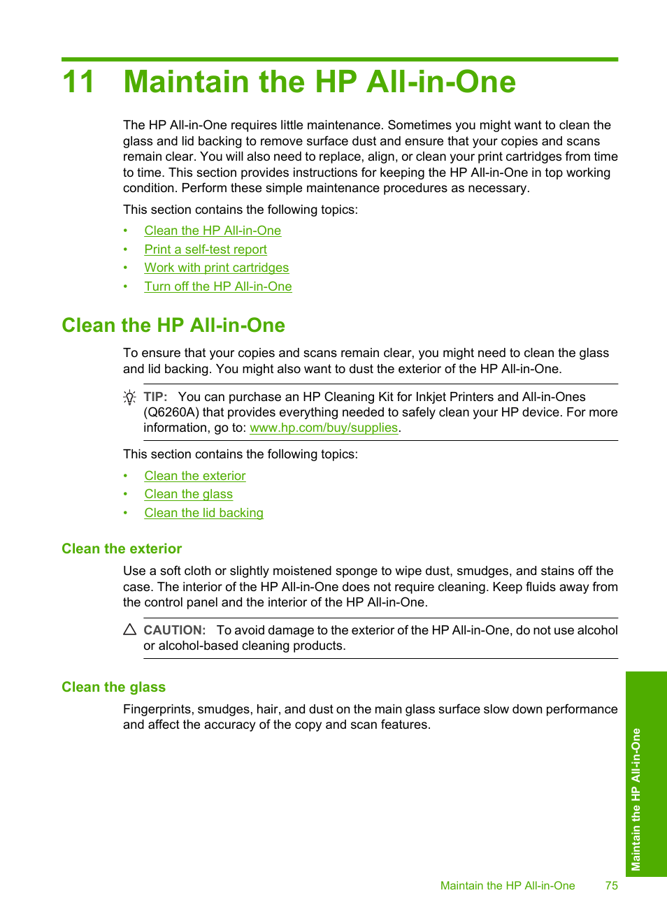 Maintain the hp all-in-one, Clean the hp all-in-one, Clean the exterior | Clean the glass, 11 maintain the hp all-in-one | HP Photosmart C4380 All-in-One Printer User Manual | Page 76 / 179