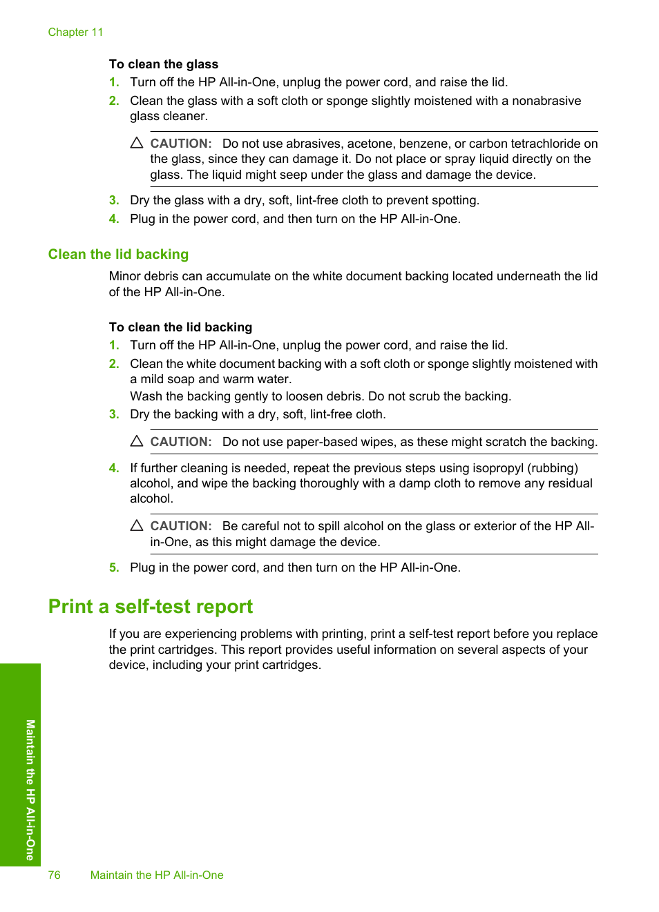 Clean the lid backing, Print a self-test report | HP Photosmart C4380 All-in-One Printer User Manual | Page 77 / 179