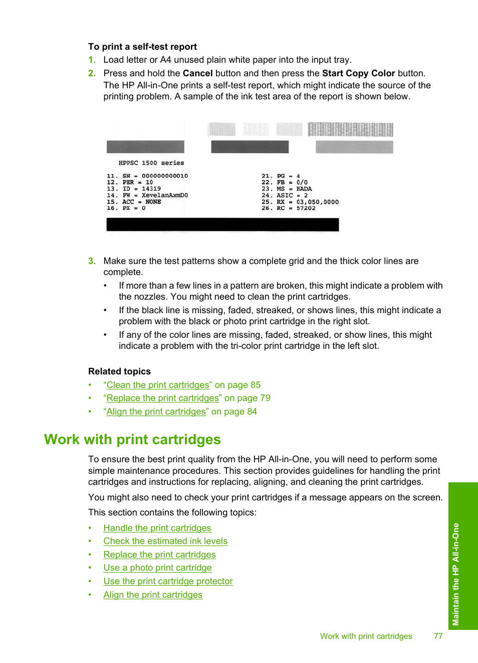 Work with print cartridges | HP Photosmart C4380 All-in-One Printer User Manual | Page 78 / 179