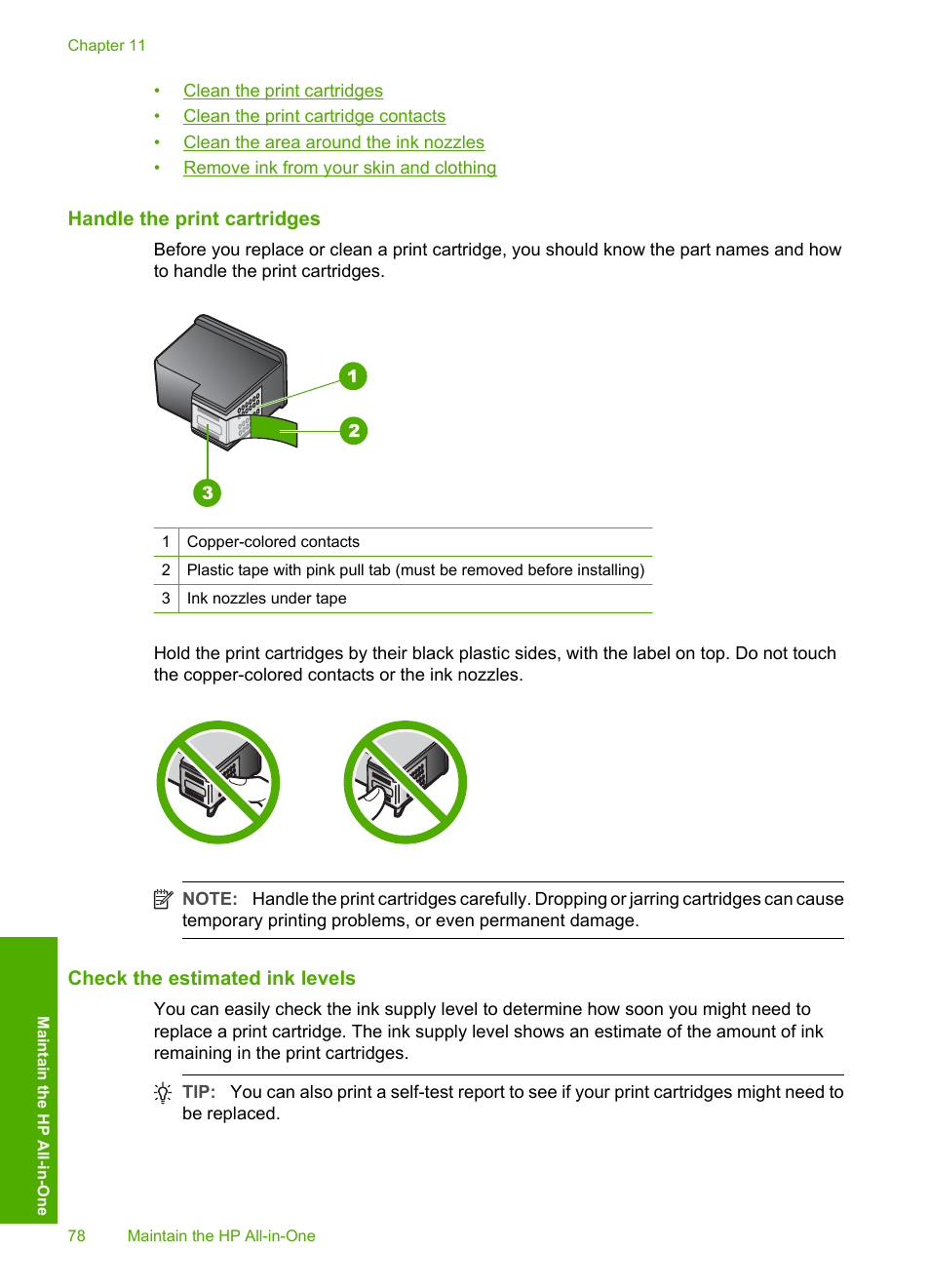 Handle the print cartridges, Check the estimated ink levels | HP Photosmart C4380 All-in-One Printer User Manual | Page 79 / 179