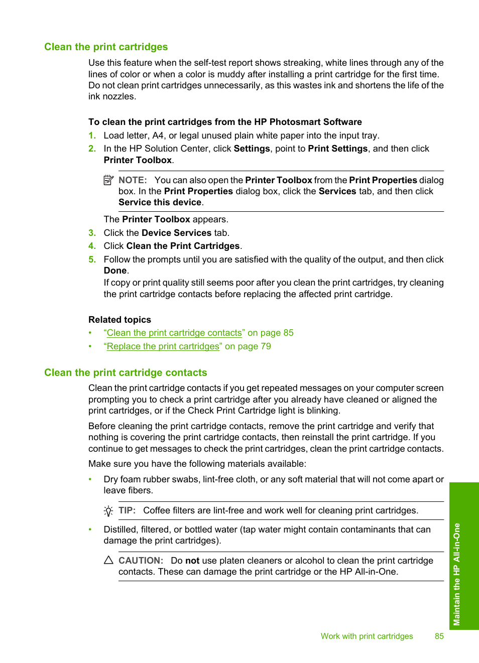 Clean the print cartridges, Clean the print cartridge contacts | HP Photosmart C4380 All-in-One Printer User Manual | Page 86 / 179