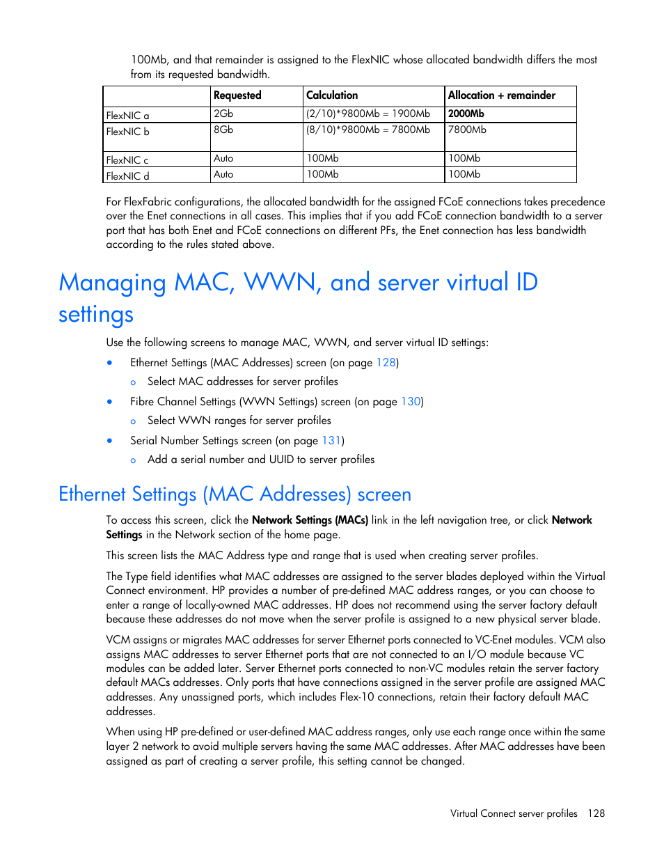 Managing mac, wwn, and server virtual id settings, Ethernet settings (mac addresses) screen | HP Virtual Connect 8Gb 20-port Fibre Channel Module for c-Class BladeSystem User Manual | Page 128 / 223