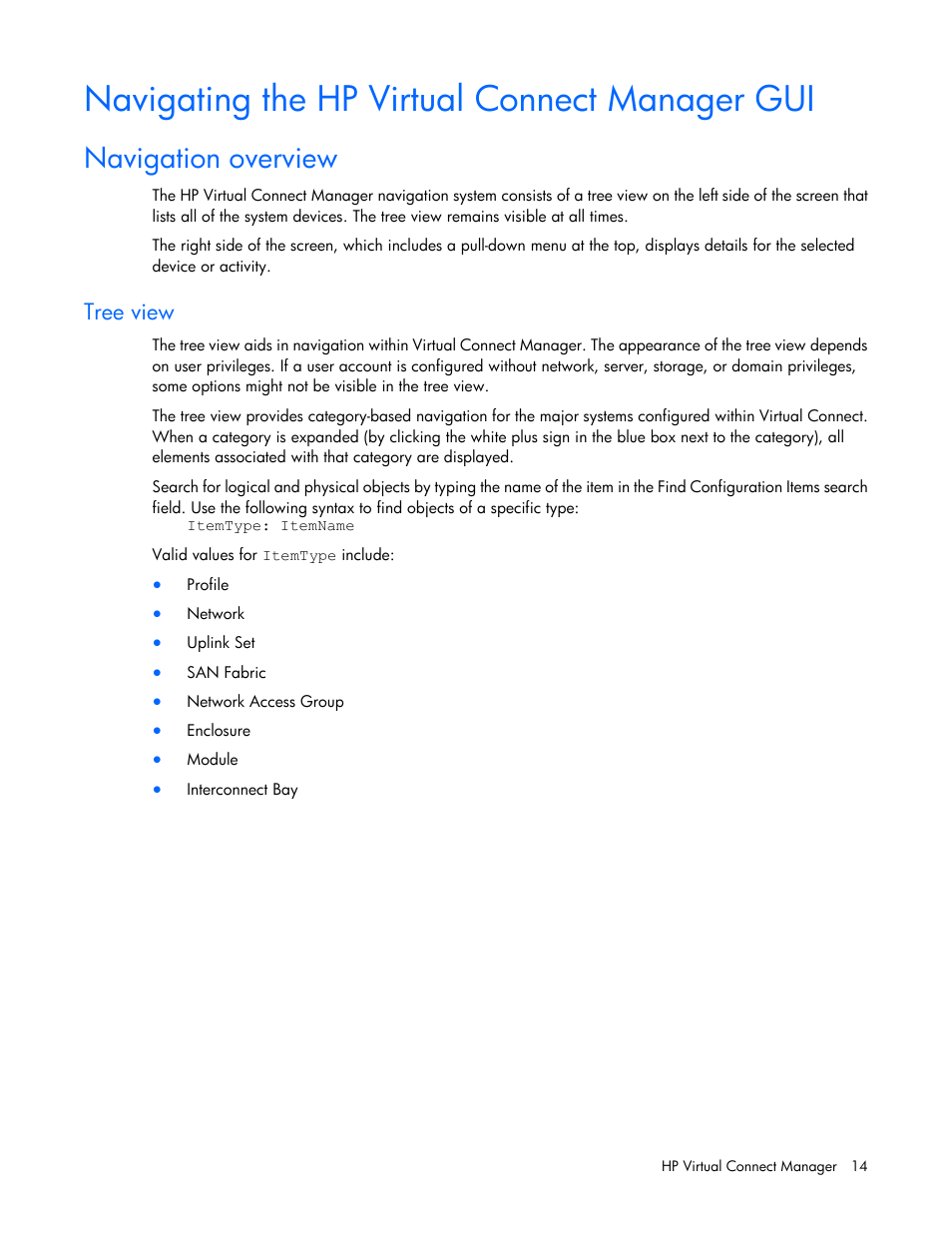 Navigating the hp virtual connect manager gui, Navigation overview, Tree view | HP Virtual Connect 8Gb 20-port Fibre Channel Module for c-Class BladeSystem User Manual | Page 14 / 223