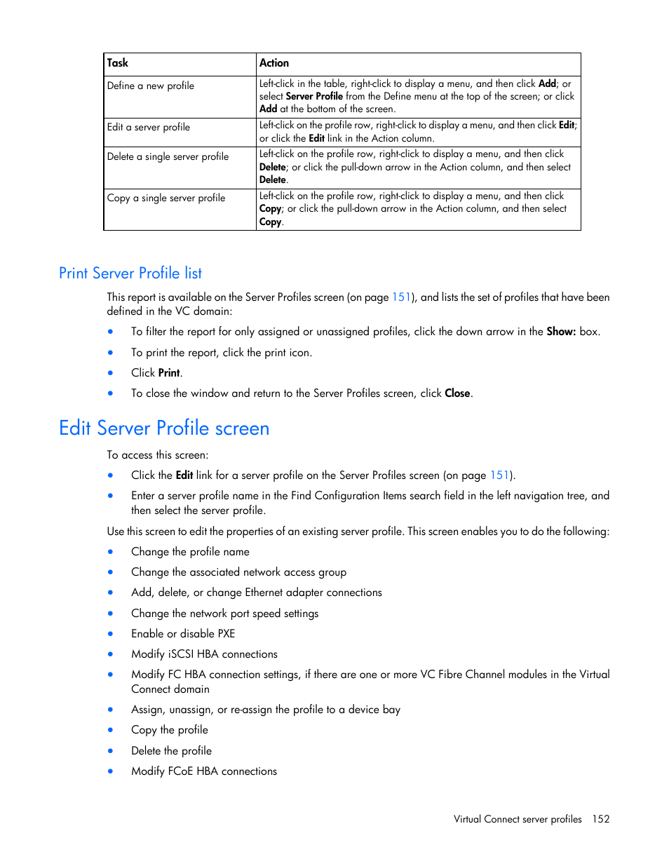 Print server profile list, Edit server profile screen | HP Virtual Connect 8Gb 20-port Fibre Channel Module for c-Class BladeSystem User Manual | Page 152 / 223