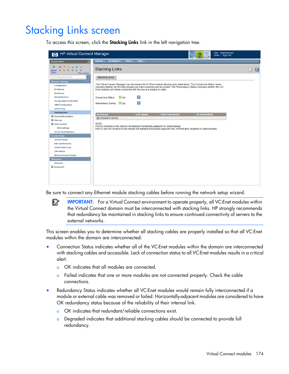 Stacking links screen | HP Virtual Connect 8Gb 20-port Fibre Channel Module for c-Class BladeSystem User Manual | Page 174 / 223