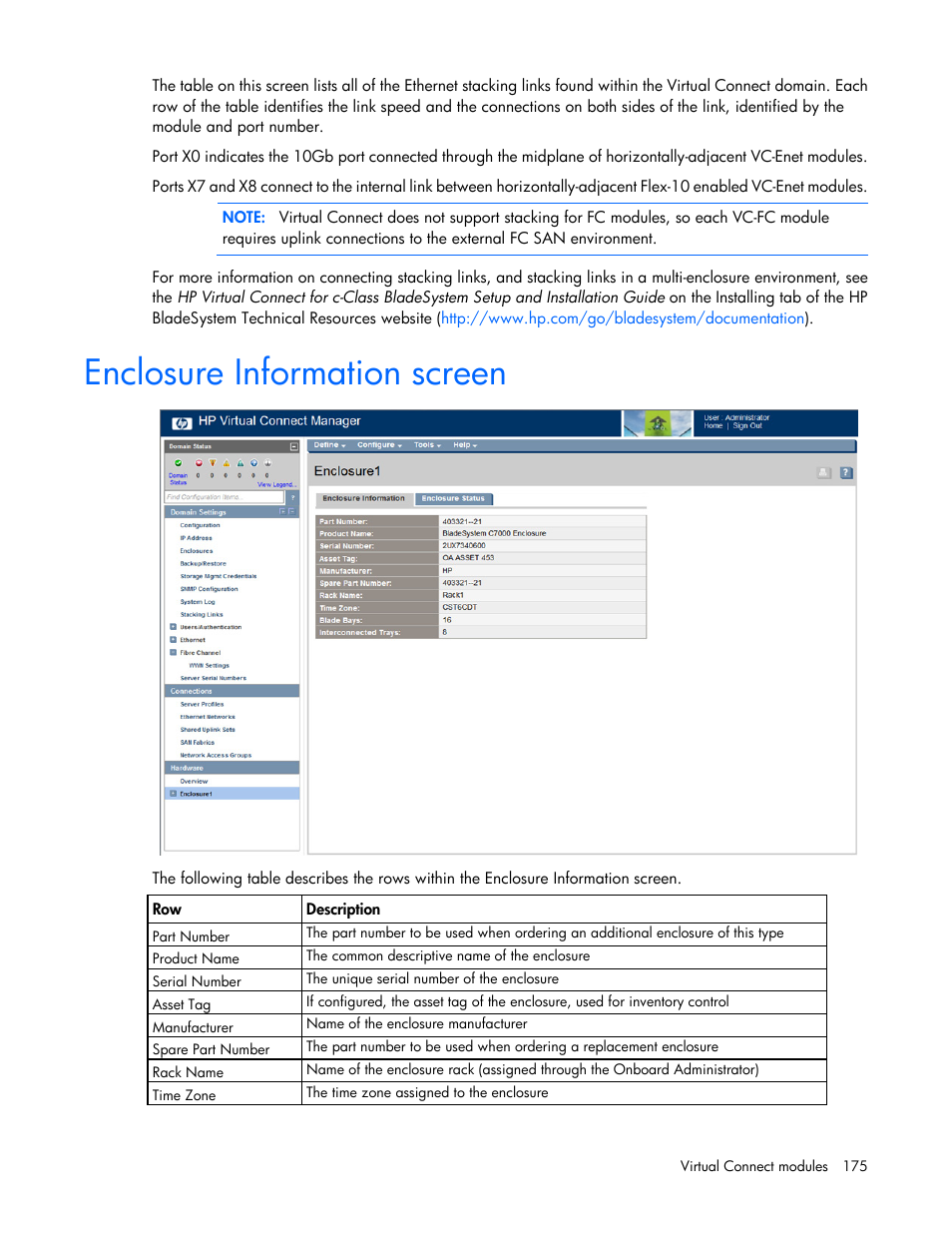 Enclosure information screen | HP Virtual Connect 8Gb 20-port Fibre Channel Module for c-Class BladeSystem User Manual | Page 175 / 223