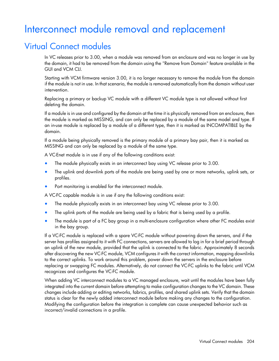 Interconnect module removal and replacement, Virtual connect modules | HP Virtual Connect 8Gb 20-port Fibre Channel Module for c-Class BladeSystem User Manual | Page 204 / 223