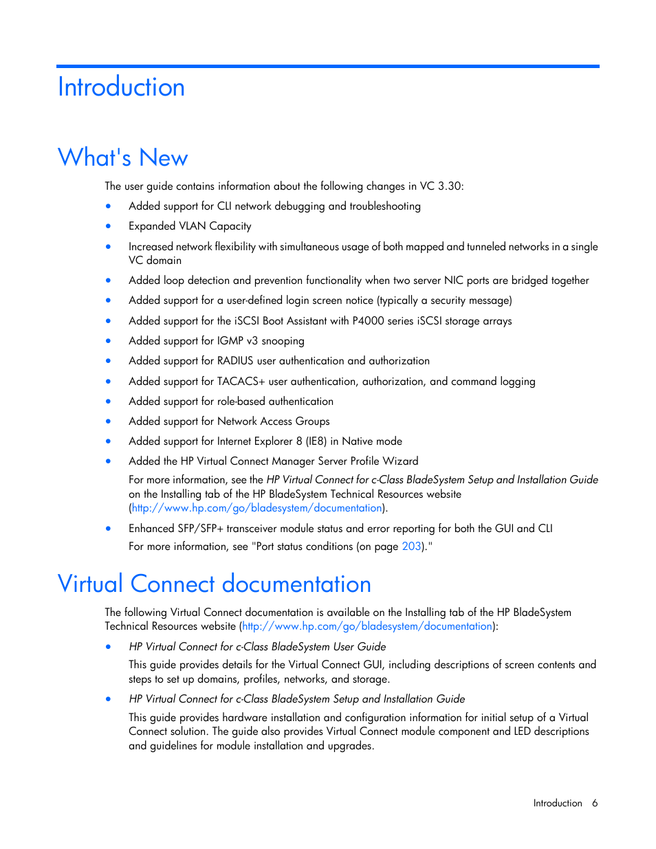 Introduction, What's new, Virtual connect documentation | HP Virtual Connect 8Gb 20-port Fibre Channel Module for c-Class BladeSystem User Manual | Page 6 / 223