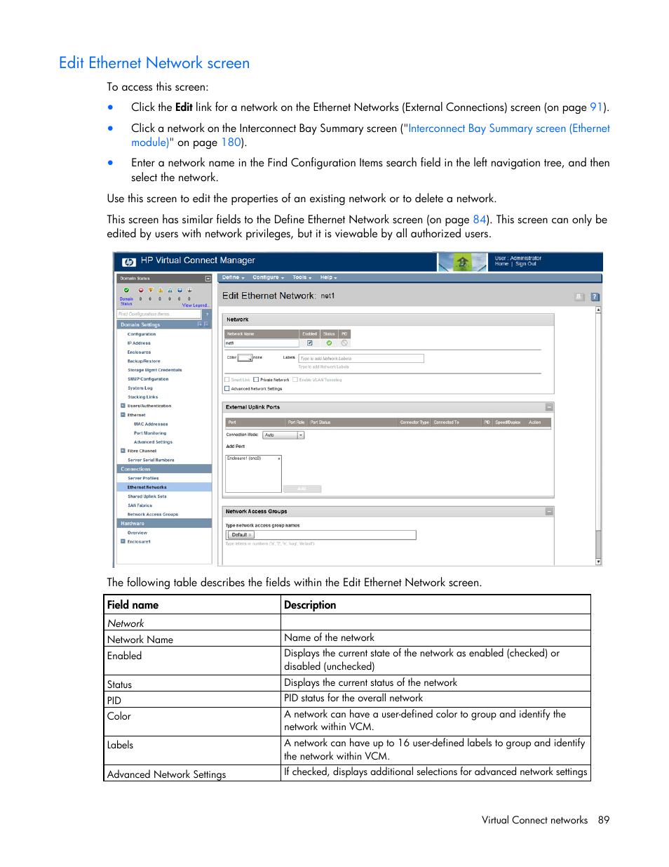 Edit ethernet network screen | HP Virtual Connect 8Gb 20-port Fibre Channel Module for c-Class BladeSystem User Manual | Page 89 / 223