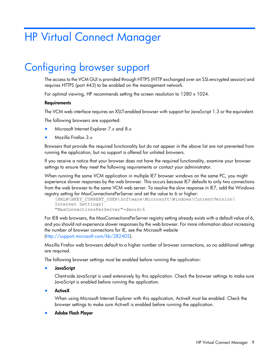 Hp virtual connect manager, Configuring browser support | HP Virtual Connect 8Gb 20-port Fibre Channel Module for c-Class BladeSystem User Manual | Page 9 / 223