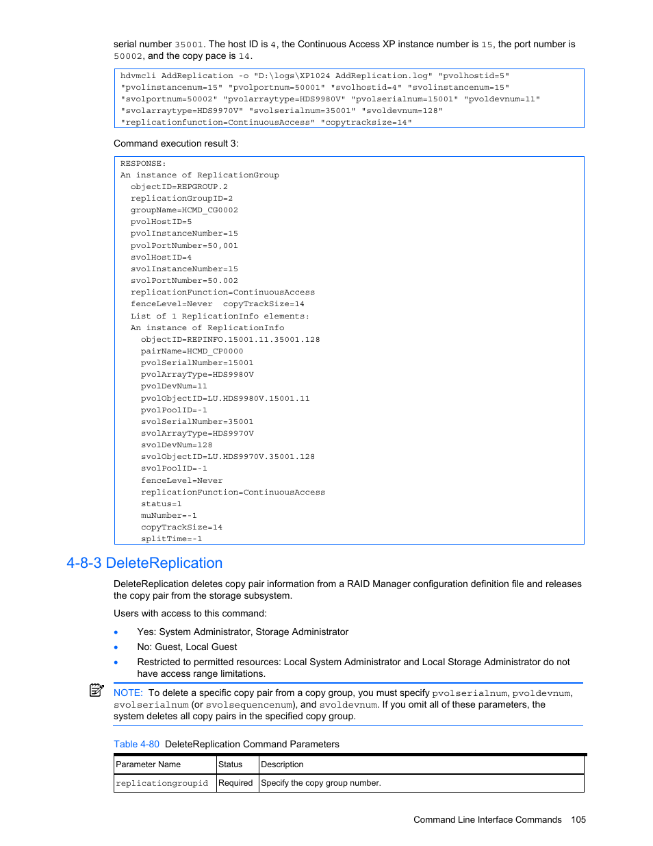 8-3 deletereplication, Deletereplication, Table 4-80 deletereplication command parameters | HP StorageWorks XP10000 Disk Array User Manual | Page 105 / 118