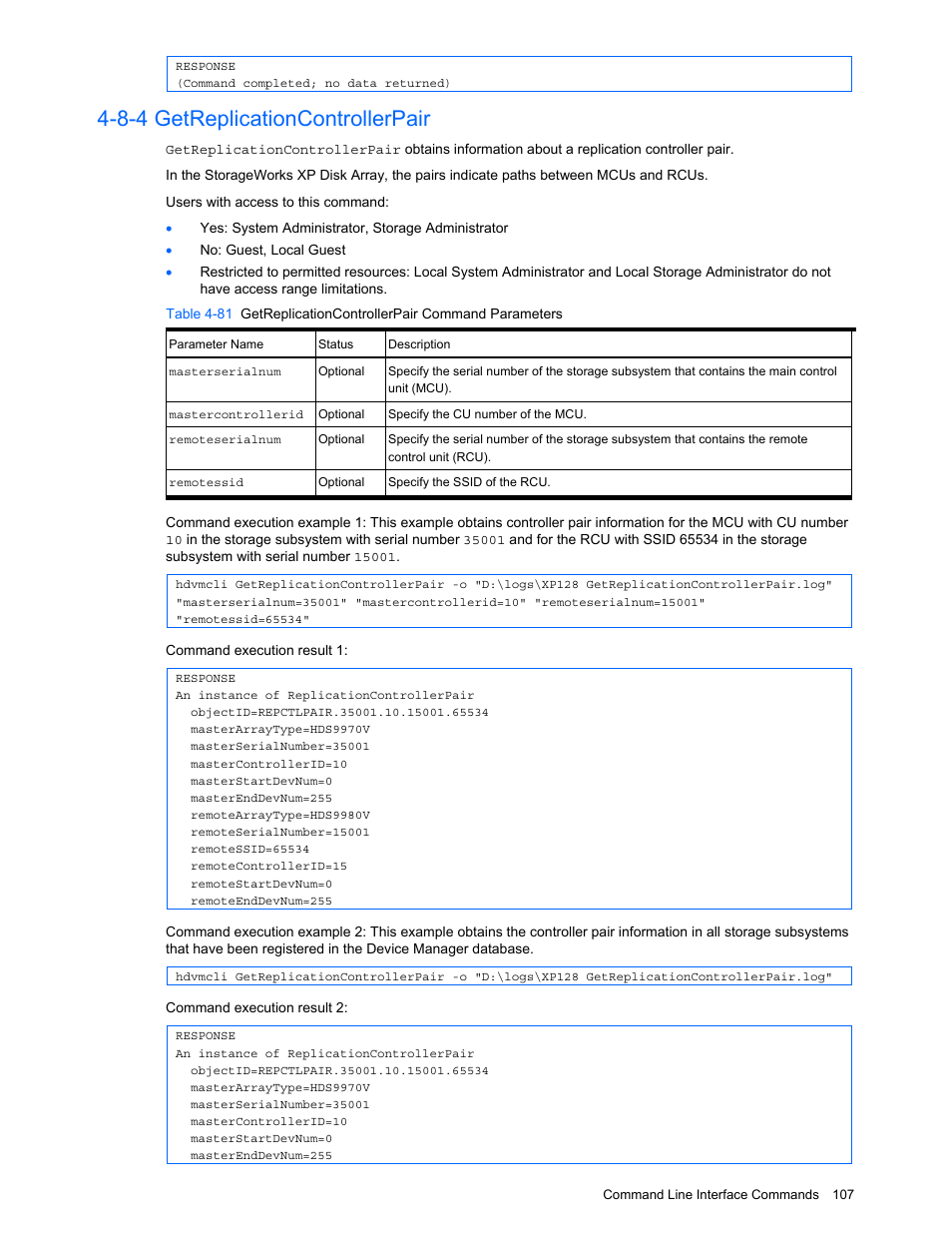 8-4 getreplicationcontrollerpair, Getreplicationcontrollerpair | HP StorageWorks XP10000 Disk Array User Manual | Page 107 / 118