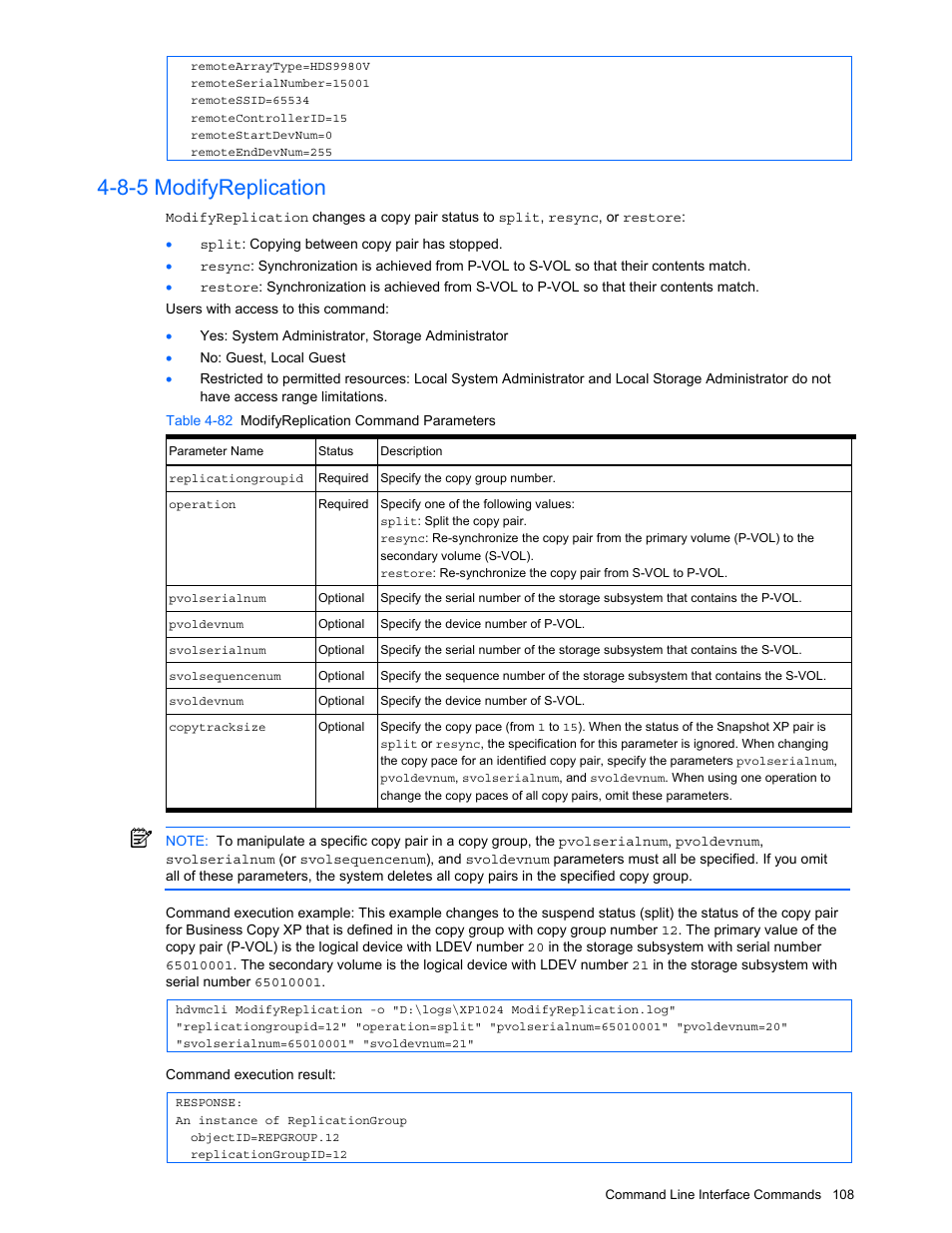 8-5 modifyreplication, Modifyreplication, Table 4-82 modifyreplication command parameters | HP StorageWorks XP10000 Disk Array User Manual | Page 108 / 118