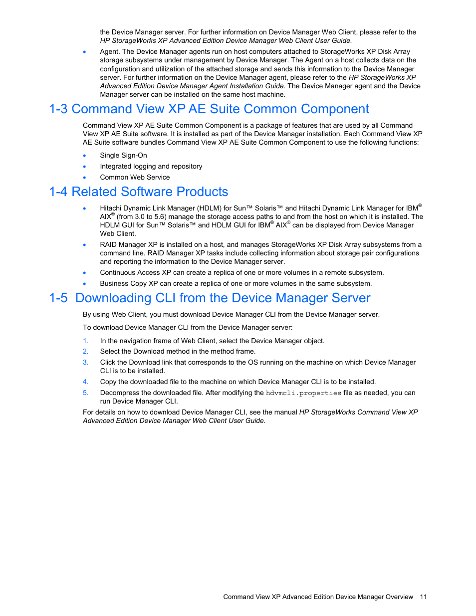 3 command view xp ae suite common component, 4 related software products, 5 downloading cli from the device manager server | Command view xp ae suite common component, Related software products, Downloading cli from the device manager server | HP StorageWorks XP10000 Disk Array User Manual | Page 11 / 118