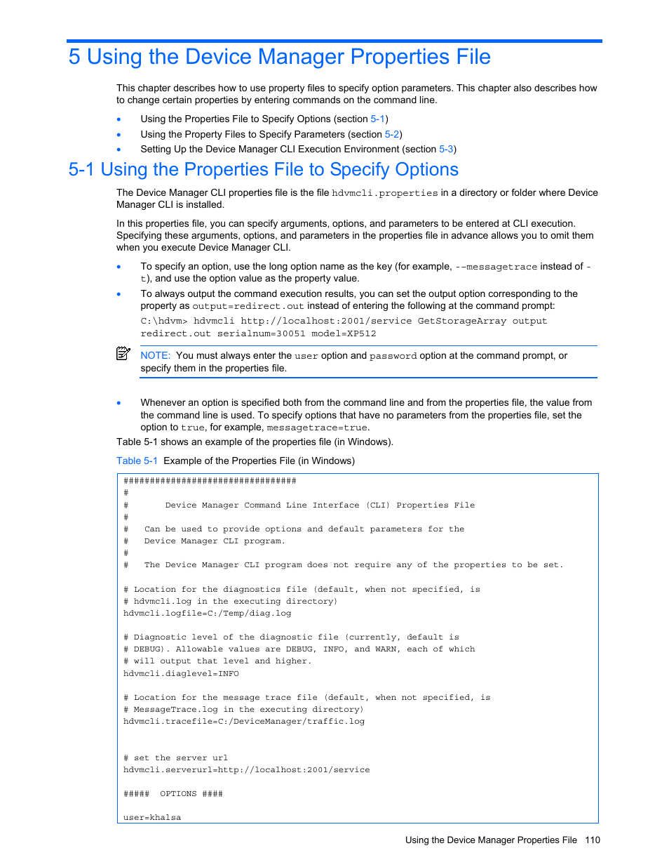 5 using the device manager properties file, 1 using the properties file to specify options, Using the device manager properties file | Using the properties file to specify options | HP StorageWorks XP10000 Disk Array User Manual | Page 110 / 118