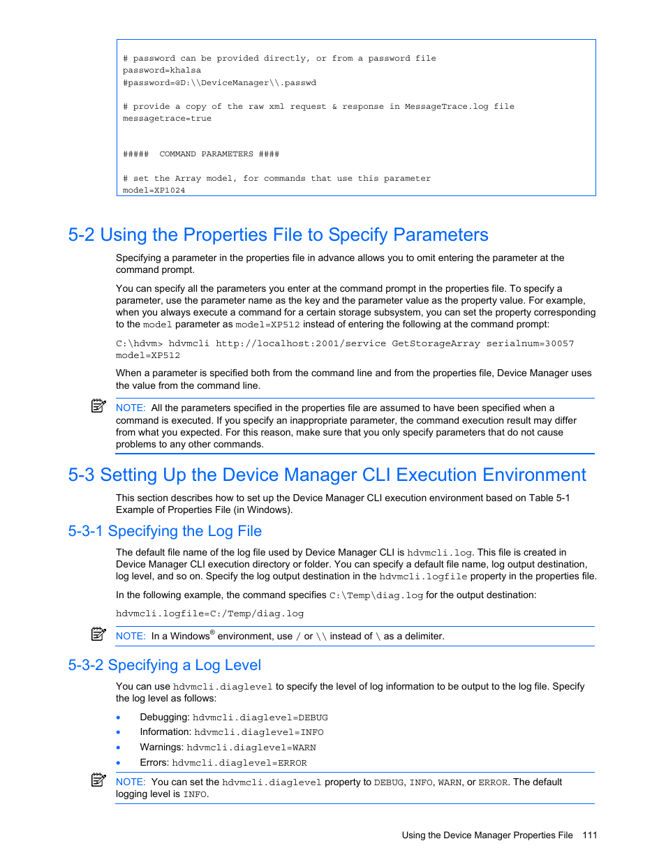 2 using the properties file to specify parameters, 3-1 specifying the log file, 3-2 specifying a log level | Using the properties file to specify parameters, Specifying the log file, Specifying a log level | HP StorageWorks XP10000 Disk Array User Manual | Page 111 / 118