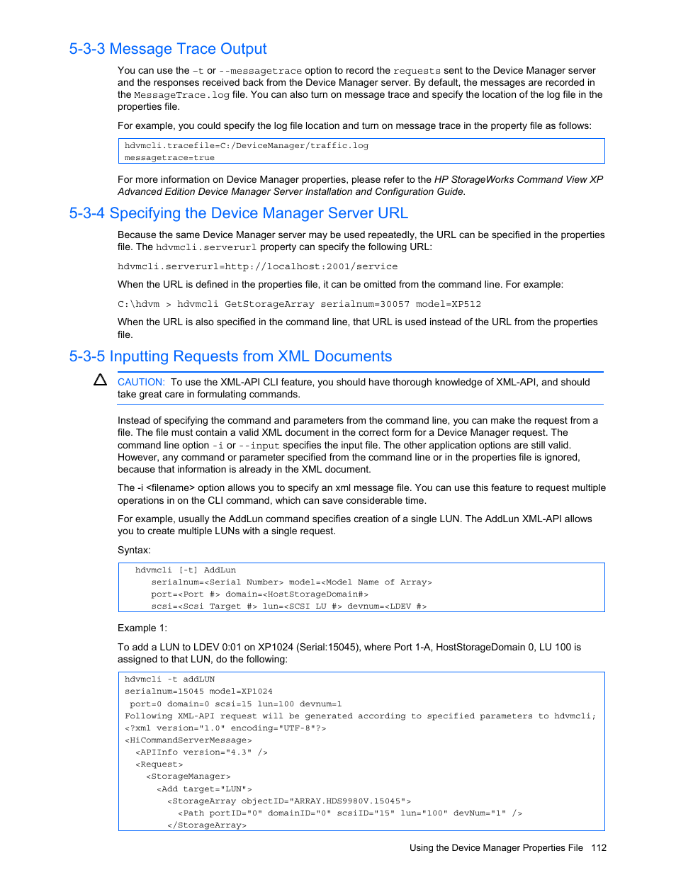 3-3 message trace output, 3-4 specifying the device manager server url, 3-5 inputting requests from xml documents | Message trace output, Specifying the device manager server url, Inputting requests from xml documents | HP StorageWorks XP10000 Disk Array User Manual | Page 112 / 118