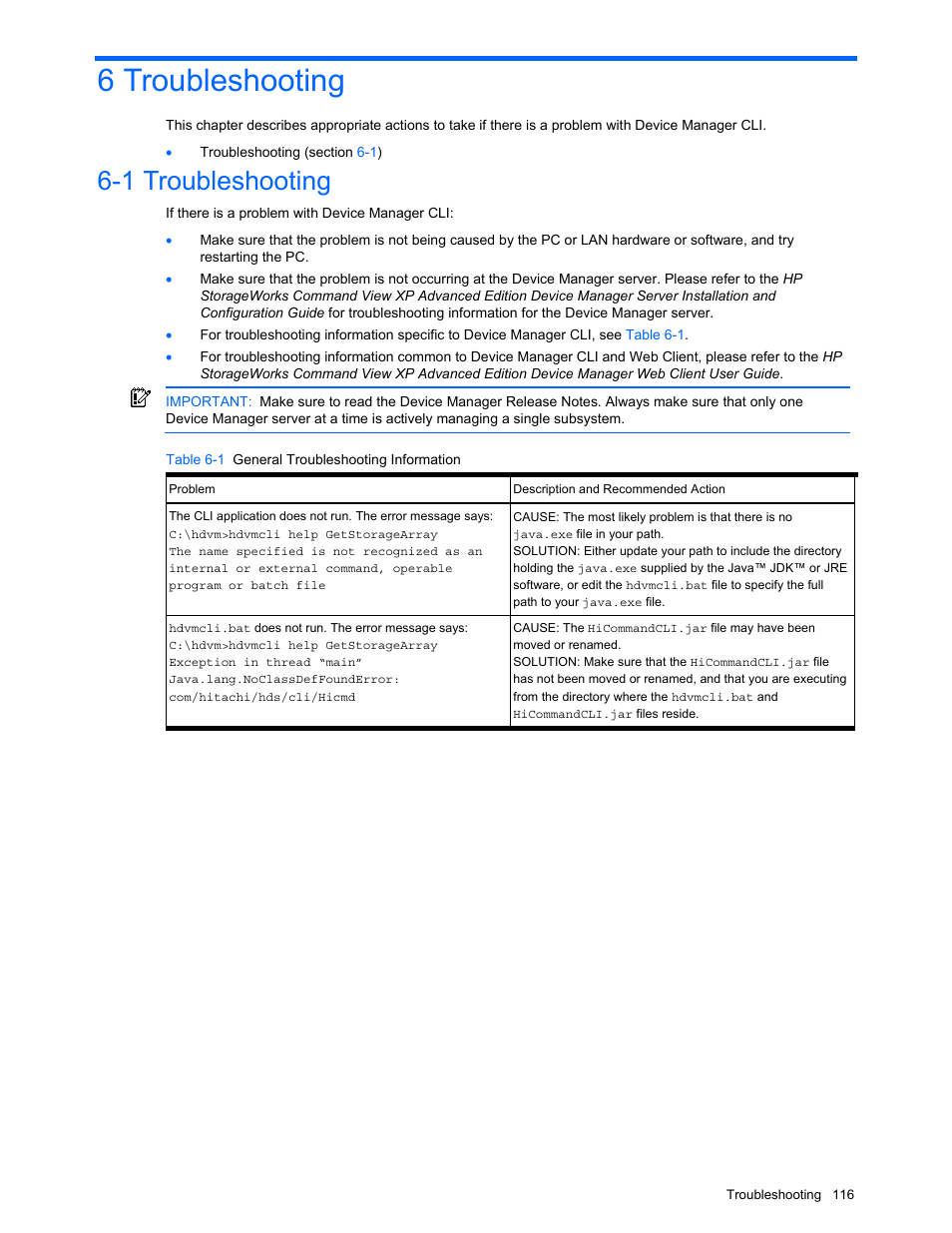 6 troubleshooting, 1 troubleshooting, Troubleshooting | Table 6-1 general troubleshooting information | HP StorageWorks XP10000 Disk Array User Manual | Page 116 / 118