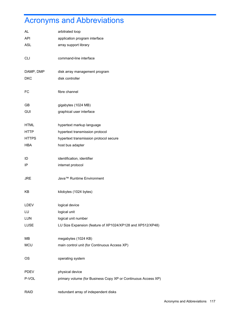 Acronyms and abbreviations | HP StorageWorks XP10000 Disk Array User Manual | Page 117 / 118