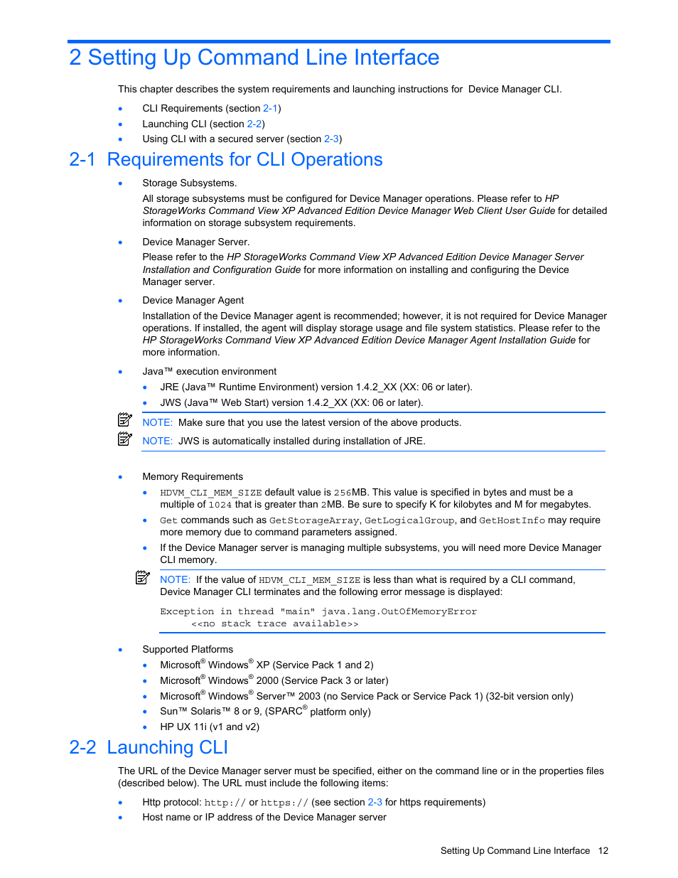 2 setting up command line interface, 1 requirements for cli operations, 2 launching cli | Setting up command line interface, Requirements for cli operations, Launching cli | HP StorageWorks XP10000 Disk Array User Manual | Page 12 / 118