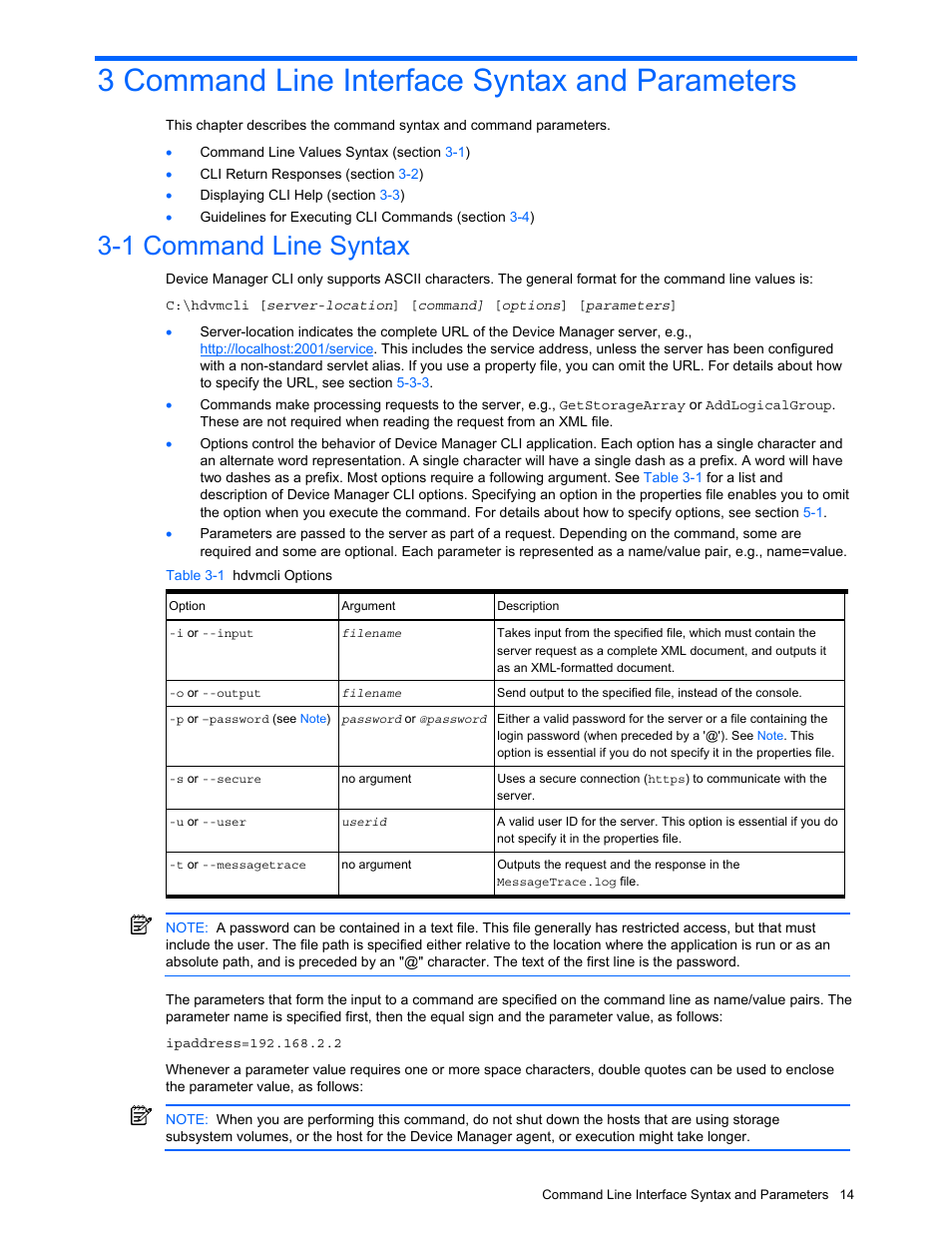 3 command line interface syntax and parameters, 1 command line syntax, Command line interface syntax and parameters | Command line syntax, Table 3-1 hdvmcli options | HP StorageWorks XP10000 Disk Array User Manual | Page 14 / 118