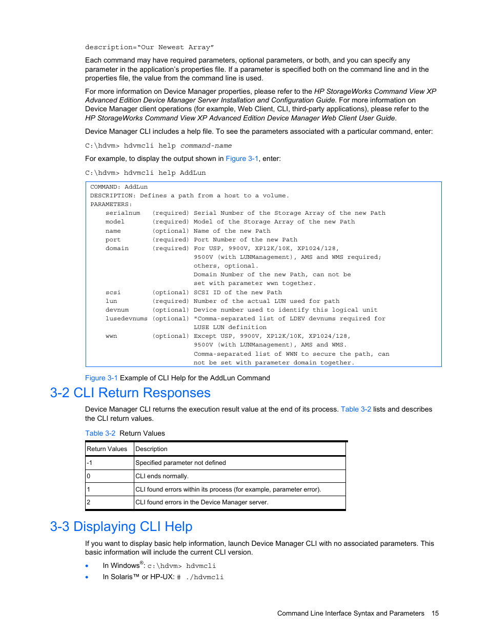 2 cli return responses, 3 displaying cli help, Cli return responses | Displaying cli help, Table 3-2 return values | HP StorageWorks XP10000 Disk Array User Manual | Page 15 / 118