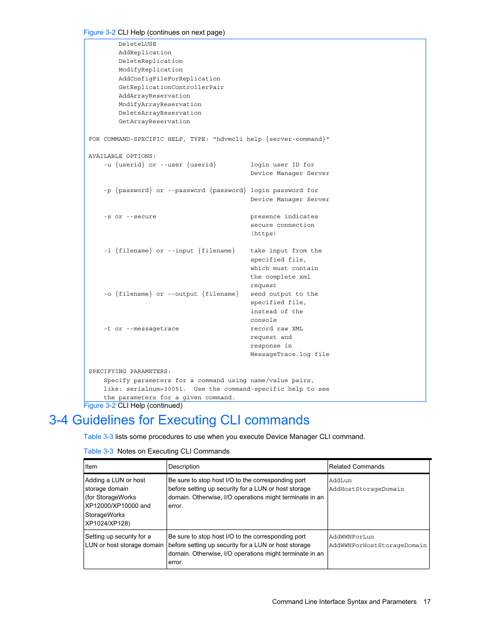 4 guidelines for executing cli commands, Guidelines for executing cli commands, Table 3-3 notes on executing cli commands | HP StorageWorks XP10000 Disk Array User Manual | Page 17 / 118