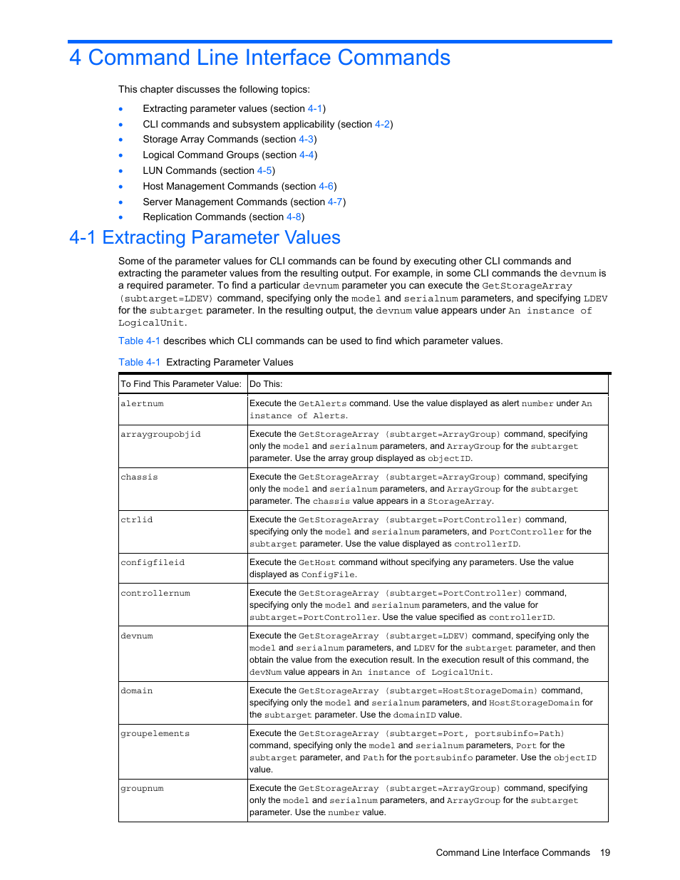4 command line interface commands, 1 extracting parameter values, Command line interface commands | Extracting parameter values, Table 4-1 extracting parameter values | HP StorageWorks XP10000 Disk Array User Manual | Page 19 / 118