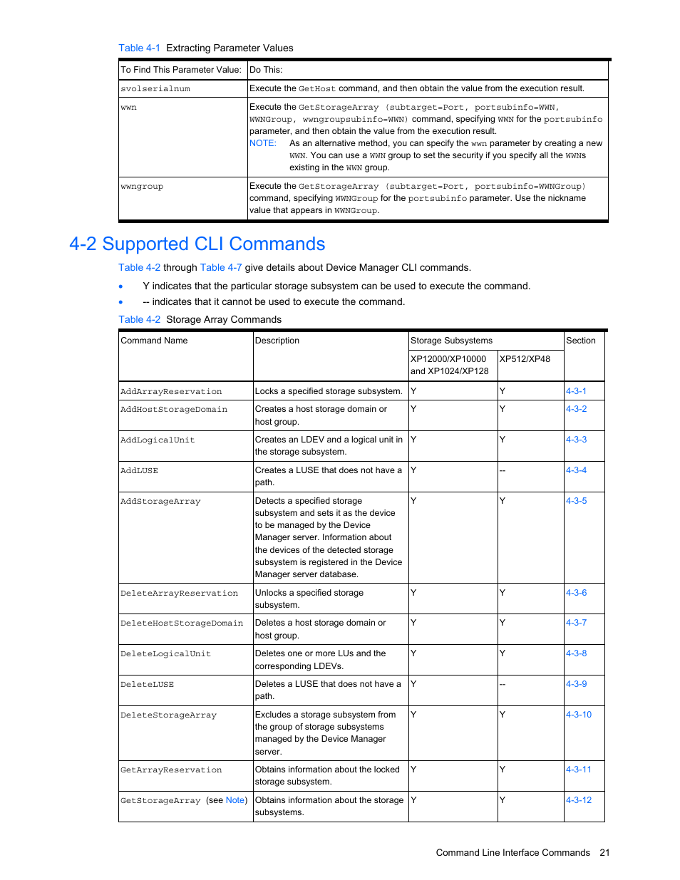 2 supported cli commands, Supported cli commands, Table 4-2 storage array commands | HP StorageWorks XP10000 Disk Array User Manual | Page 21 / 118