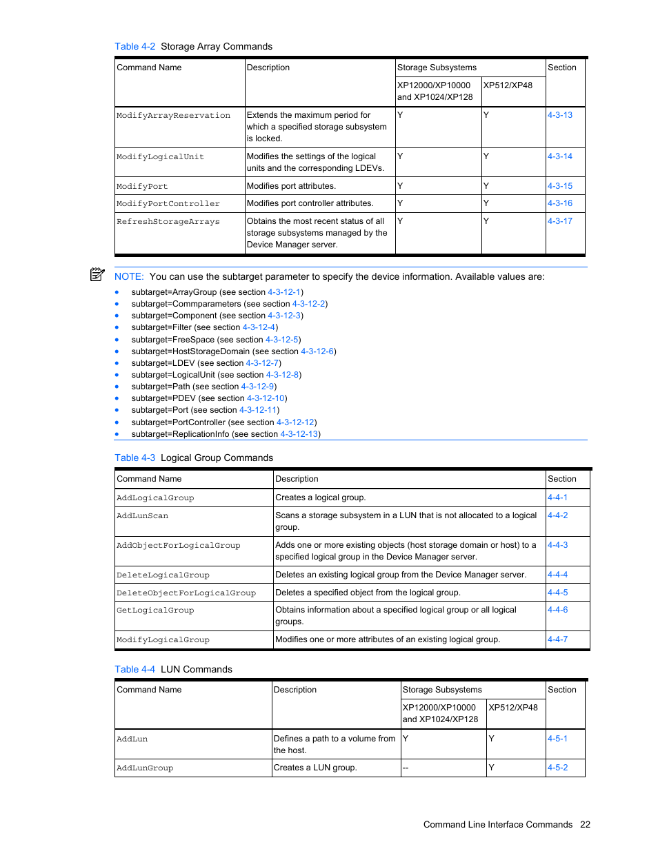 Table 4-3 logical group commands, Table 4-4 lun commands | HP StorageWorks XP10000 Disk Array User Manual | Page 22 / 118