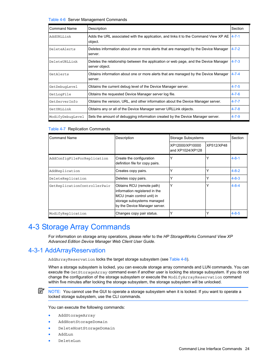 3 storage array commands, 3-1 addarrayreservation, Storage array commands | Addarrayreservation, Table 4-7 replication commands | HP StorageWorks XP10000 Disk Array User Manual | Page 24 / 118