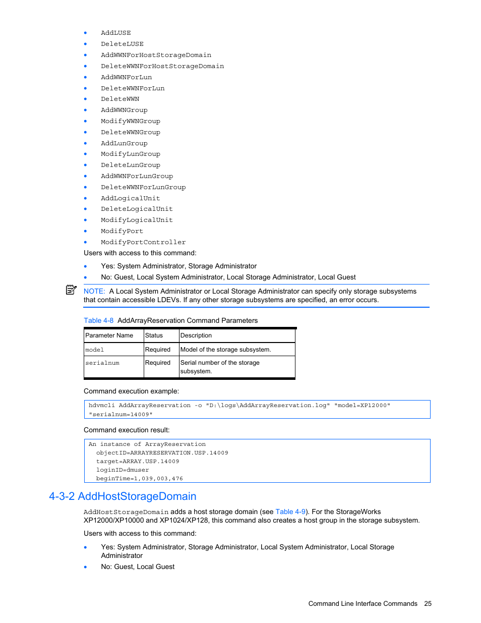 3-2 addhoststoragedomain, Addhoststoragedomain, Table 4-8 addarrayreservation command parameters | HP StorageWorks XP10000 Disk Array User Manual | Page 25 / 118