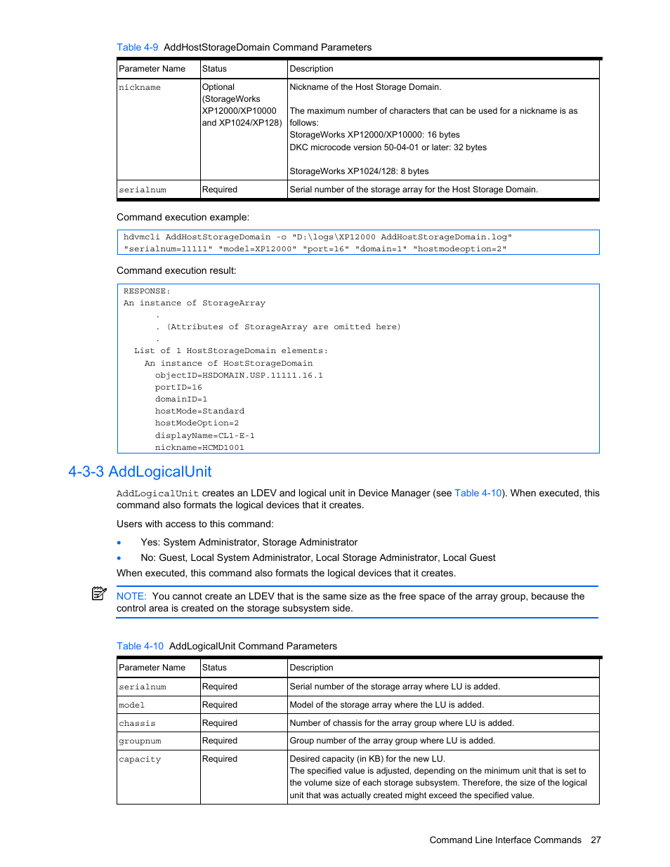 3-3 addlogicalunit, Addlogicalunit, Table 4-10 addlogicalunit command parameters | HP StorageWorks XP10000 Disk Array User Manual | Page 27 / 118