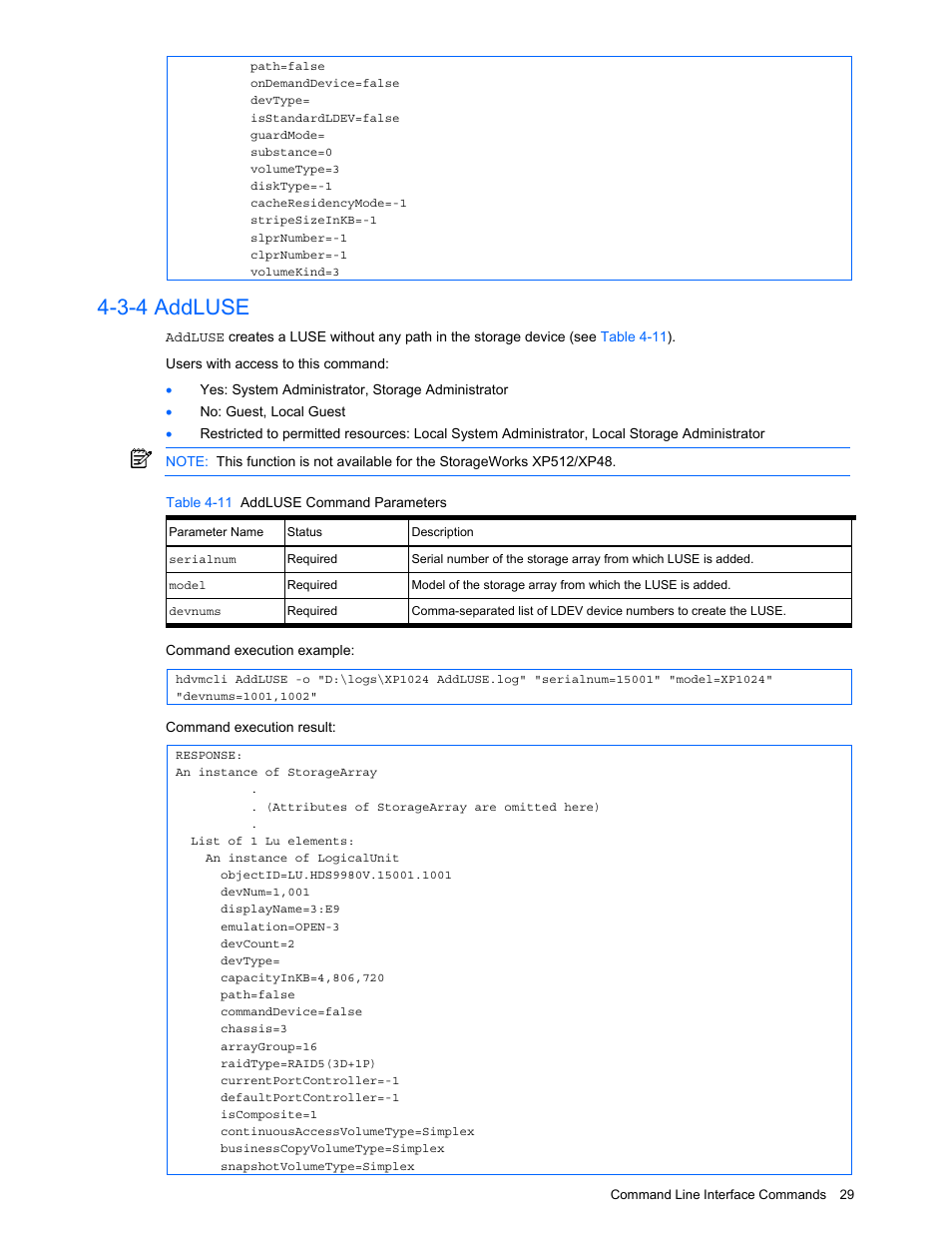 3-4 addluse, Addluse, Table 4-11 addluse command parameters | HP StorageWorks XP10000 Disk Array User Manual | Page 29 / 118