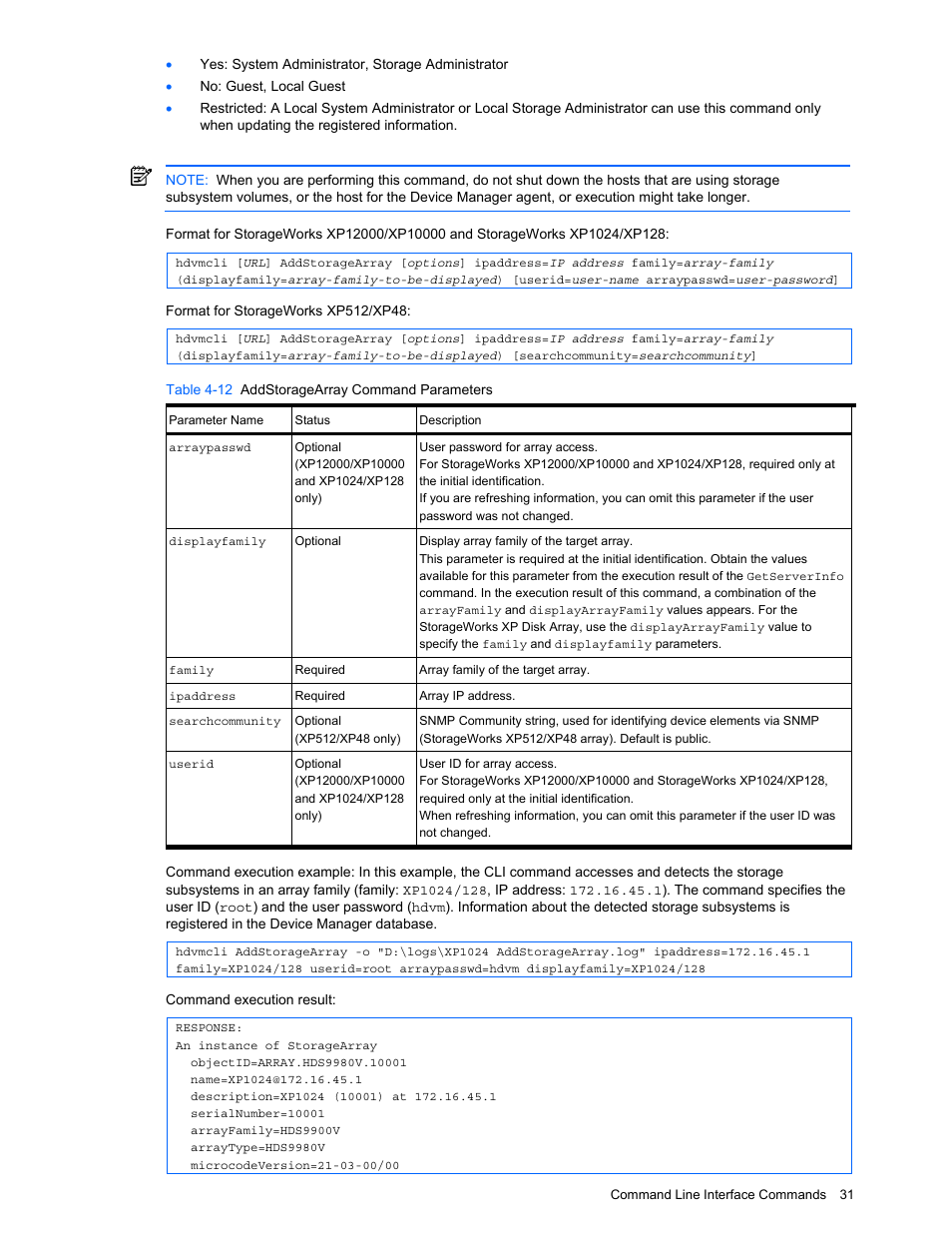 Table 4-12 addstoragearray command parameters | HP StorageWorks XP10000 Disk Array User Manual | Page 31 / 118