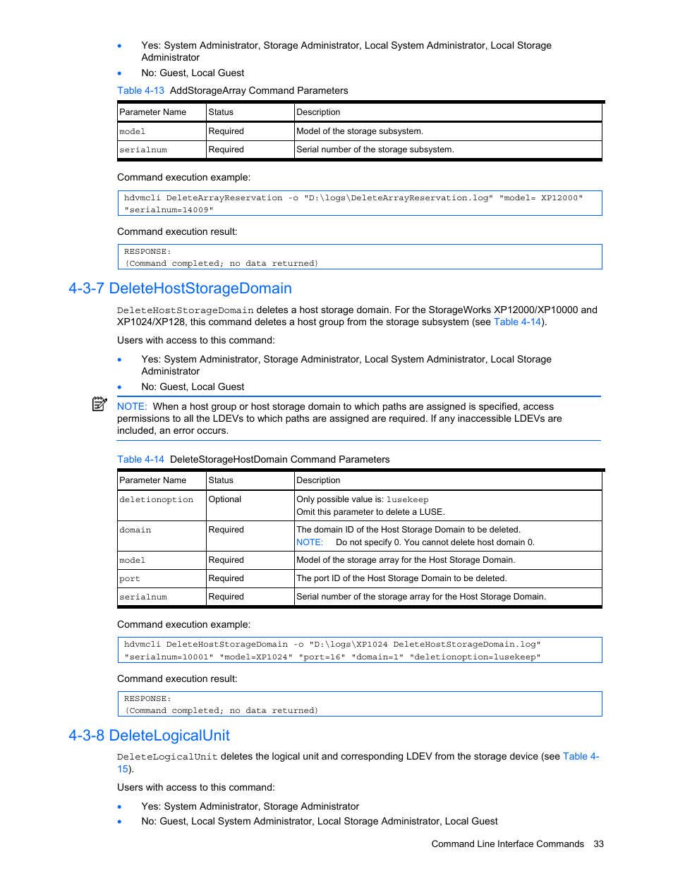 3-7 deletehoststoragedomain, 3-8 deletelogicalunit, Deletehoststoragedomain | Deletelogicalunit, Table 4-13 addstoragearray command parameters | HP StorageWorks XP10000 Disk Array User Manual | Page 33 / 118