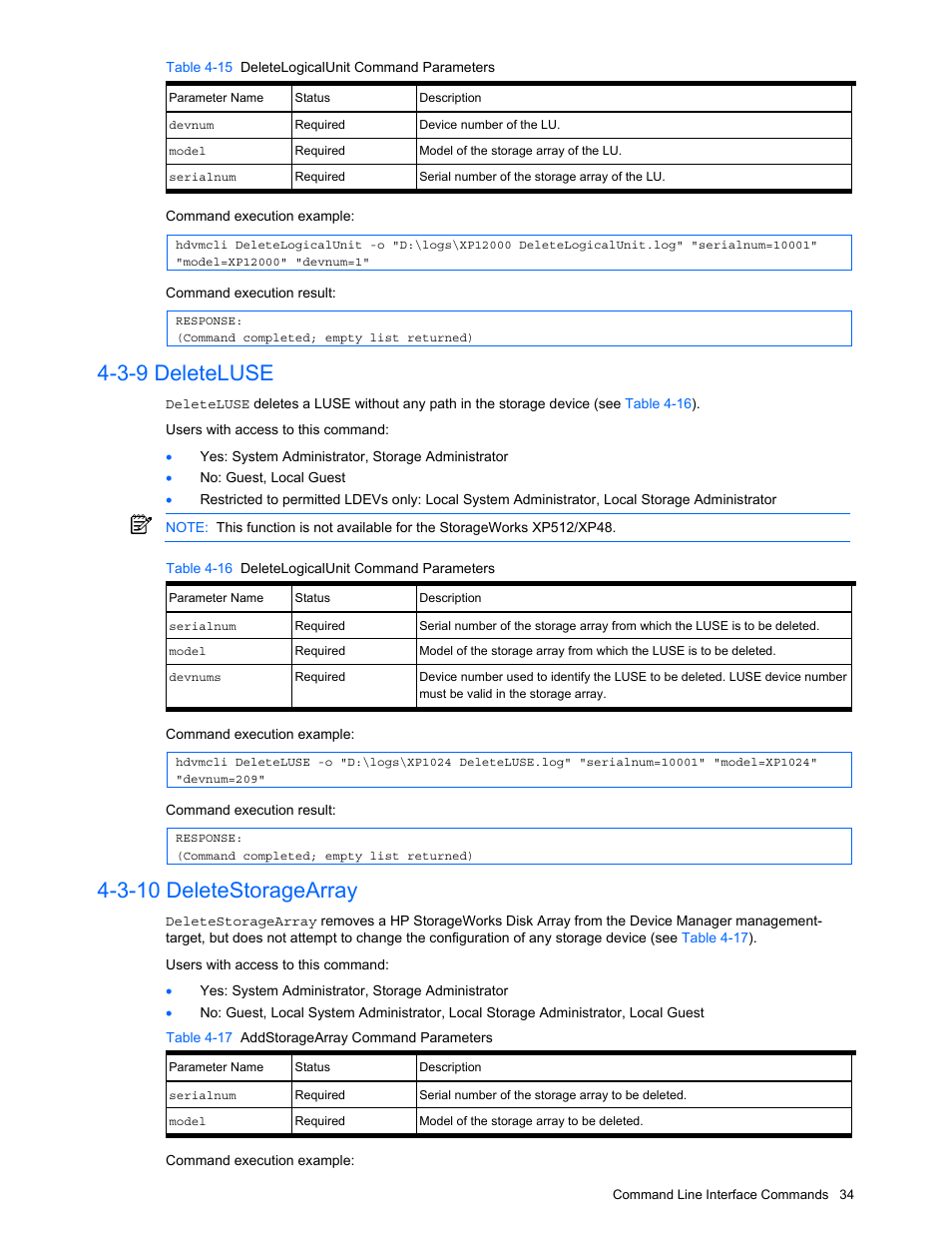 3-9 deleteluse, 3-10 deletestoragearray, Deleteluse | Deletestoragearray, Table 4-15 deletelogicalunit command parameters, Table 4-16 deletelogicalunit command parameters, Table 4-17 addstoragearray command parameters | HP StorageWorks XP10000 Disk Array User Manual | Page 34 / 118