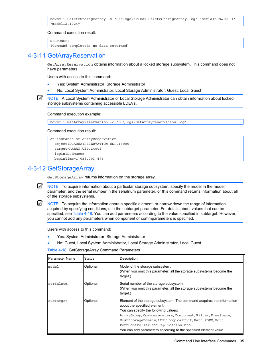 3-11 getarrayreservation, 3-12 getstoragearray, Getarrayreservation | Getstoragearray, Table 4-18 getstoragearray command parameters | HP StorageWorks XP10000 Disk Array User Manual | Page 35 / 118