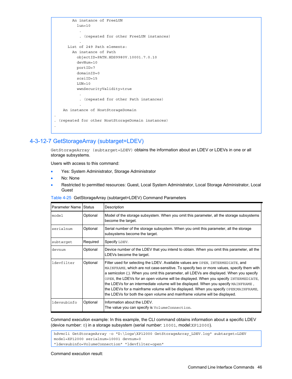 3-12-7 getstoragearray (subtarget=ldev) | HP StorageWorks XP10000 Disk Array User Manual | Page 46 / 118