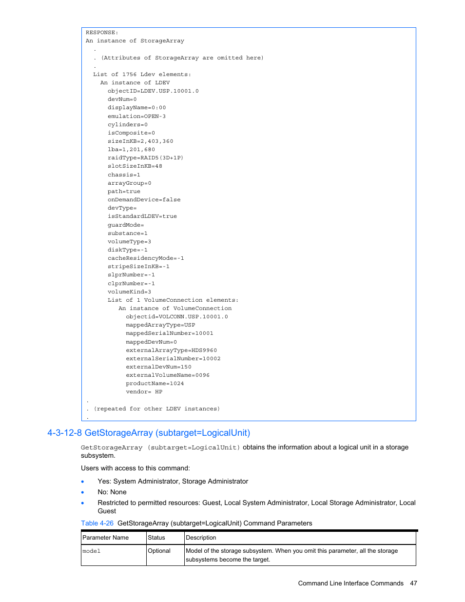 3-12-8 getstoragearray (subtarget=logicalunit) | HP StorageWorks XP10000 Disk Array User Manual | Page 47 / 118